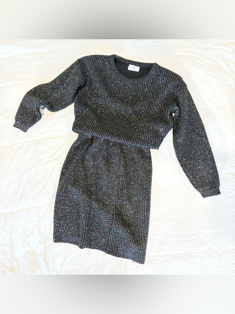 80s sparkley sweater dress set - M euc - vtg glitter metallic holiday knit skirt
